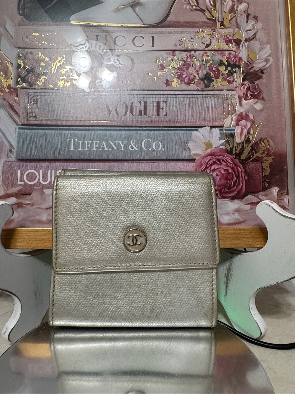 CHANEL Metallic Silver Compact Leather Wallet w/COA